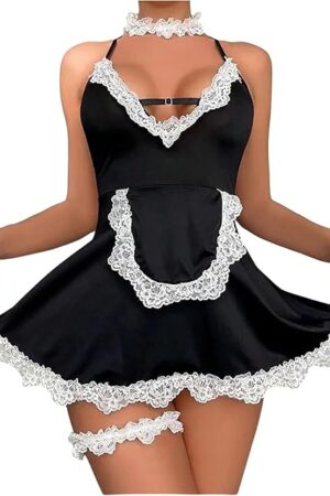 Women's 4 Piece Lace Lingerie Set Criss Cross Mini Cami Dress and Thong with Garter