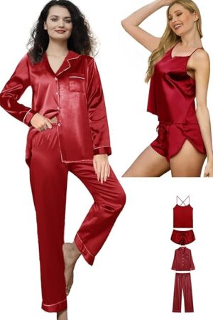 4Pcs Womens Silk Pajama Sets Satin Pajamas Set Sexy Cami Lingerie Pjs Nightwear Silky Pj Loungewear Sleepwear