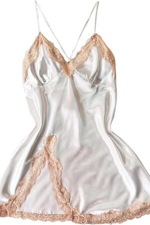 Womens Pajamas Lace V Neck Satin Nightgown Spaghetti Strap Chemise Sleepwear Sexy Slit Hem Lingerie Mini Slip Dress