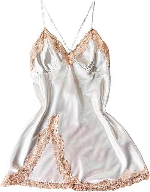 Womens Pajamas Lace V Neck Satin Nightgown Spaghetti Strap Chemise Sleepwear Sexy Slit Hem Lingerie Mini Slip Dress