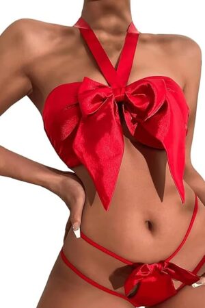 Christmas Red Bow Lingerie Sexy Bowknot Bra and Panty Set Unwrap Me Babydoll