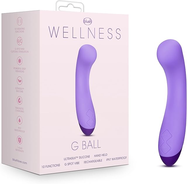 Blush Wellness G Ball 7" G-Spot Hither Motion Curved Vibrator for Women - UltraSilk Puria Silicone Dildo Massager, 10 Vibe Modes, USB Charge, IPX7 - Adult Sex Toy for Female Pleasure Zones - (Purple)