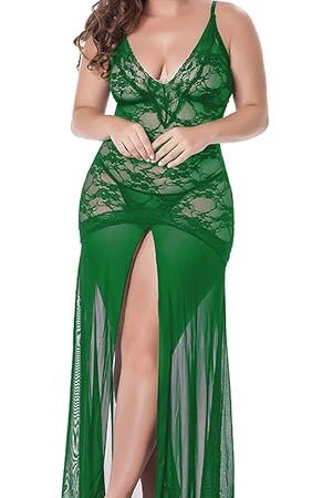 Women's Floral Lace Plus Size Babydoll Lingerie Set Sexy Split Maxi Long Nightgown Dress