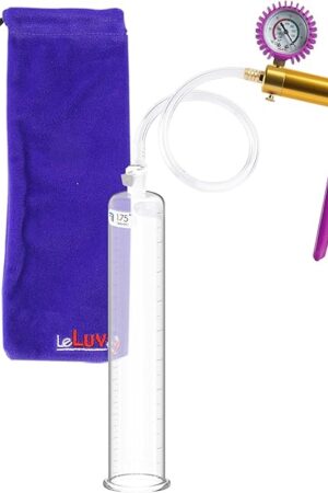 LeLuv Ultima Penis Pump, Brass Handle with Purple Rubber Grips, Clear Hose + Protected Gauge, 9" x 1.75"