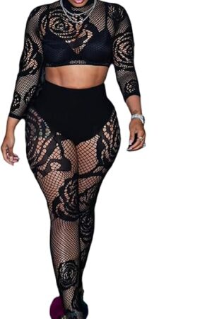 Womens Sexy Two Piece Outfits Long Sleeve Hollow Out Fishnet Crop Top Pants Bodycon 2 Piece Set Club Outfits