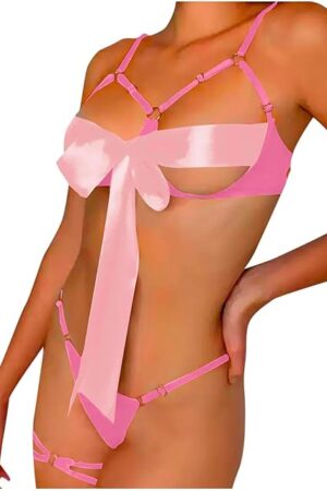 Women's Sexy Lingerie Set, Two Piece Bra and Panty Sets for Women Halting Neck Stain Naughty Lingerie with Big Bow
