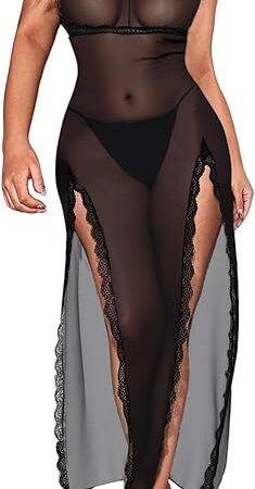 Womens Plus Size Leopard Mesh Lingerie Dress Split Long Slip Lace Trim Chemise Nightgown