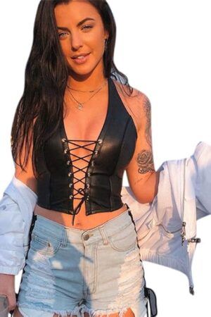 Women's Sexy PU Leather Crop Tops Halter Criss Cross Lace Up Camisole Vest for Casual Party Festival Rave