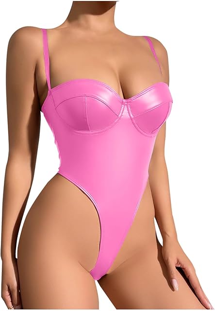 Womens Patent Leather Lingeries Sexy Bodysuit High Cut Jumpsuit Push Up Bust Shapewear Naughty Babydoll