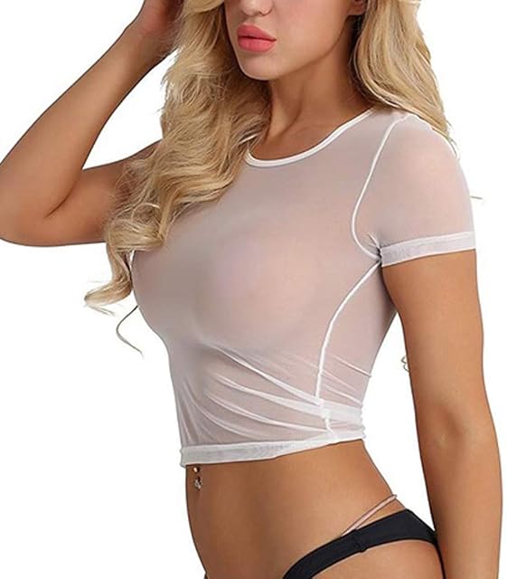 Womens See Through Lingerie Tops Sexy Short Sleeve Sheer Mesh Crop Tops Sleepwear Round Neck Loungewear Nighties