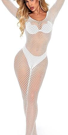 Women's Sexy Lingerie Bodysuit Long Sleeve Body Stocking Hollow Out Mesh Full Body Babydoll Fishnet for Sex Play