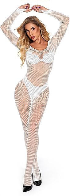 Women's Sexy Lingerie Bodysuit Long Sleeve Body Stocking Hollow Out Mesh Full Body Babydoll Fishnet for Sex Play