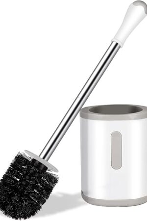 Compact Toilet Brush & Holder, Stainless Steel Handle, Space Saving for Storage, Deep Cleaning, Drip-Proof, Easy to Assemble, Nylon Bristles, White & Grey