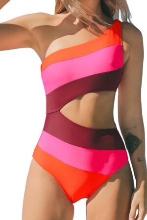 Women's One Piece Swimsuit One Shoulder Bathing Suit Cutout Color Block Swimwear