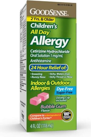 GoodSense Children's All Day Allergy Relief, Cetirizine Hydrochloride Oral Solution 1 mg/mL, Bubble Gum Flavor, Dye Free, Sugar Free, 4 Fluid Ounce
