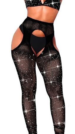 Women Sexy Rave Club Outfit, Rhinestone Fishnet Bodysuit High Waist Pantyhose, Bikini Bra Bodystocking 2 Pc Plus Size