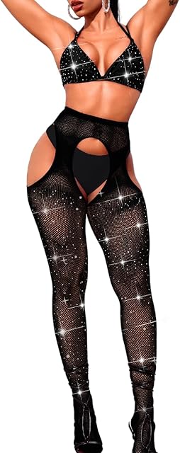 Women Sexy Rave Club Outfit, Rhinestone Fishnet Bodysuit High Waist Pantyhose, Bikini Bra Bodystocking 2 Pc Plus Size