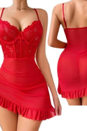 Women Lingerie Lace Chemise Sleepwear Ruffle Hem Sleep Dress Babydoll Nightwear Sexy Strap