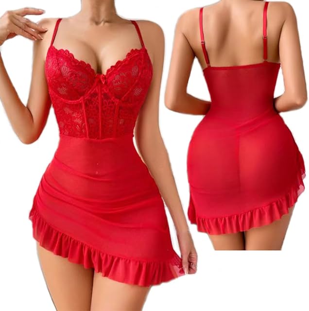 Women Lingerie Lace Chemise Sleepwear Ruffle Hem Sleep Dress Babydoll Nightwear Sexy Strap