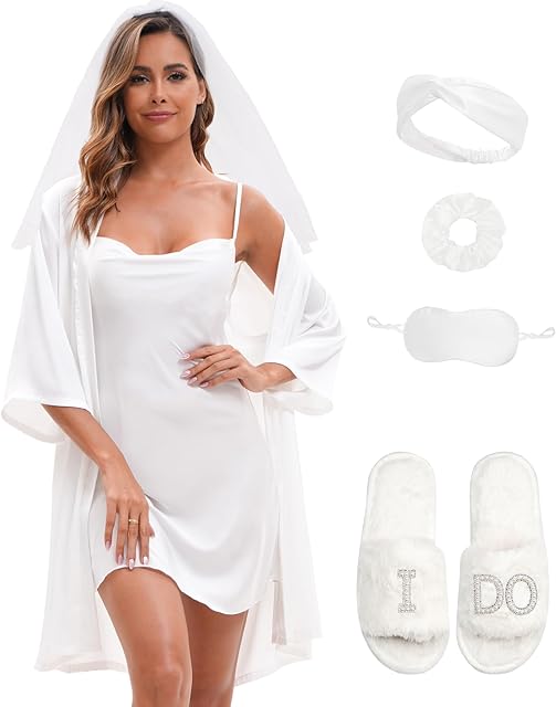 Bride Robe for Wedding Day Set Bridal Robe with Silk Sexy Lingerie for Wedding Bridal Bachelorette Party Getting Ready