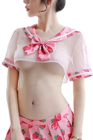 Women's Cute See-through School Girl Strawberry Sailor Suit Cosplay Lingerie Set