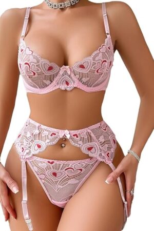 Women's Sexy 3 Piece Underwire Lingerie Set Embroidered Lace Bra and Panty with Garter Belt