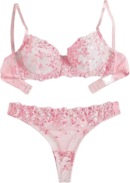 Women's Floral Embroidery Mesh Sheer Lingerie Set See Through Underwire Bra and Panty Sets
