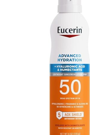 Eucerin Advanced Hydration SPF 50 Sunscreen Spray, Lightweight Spray Sunscreen with Hyaluronic Acid and Humectants, Hypoallergenic, Fragrance and Alcohol Free, 6 Oz Bottle
