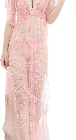 Women's Lace Lingerie Sheer Nightgown Sexy V Neck Chemise Babydoll Nightdress Exotic Sleepwear with High Slit