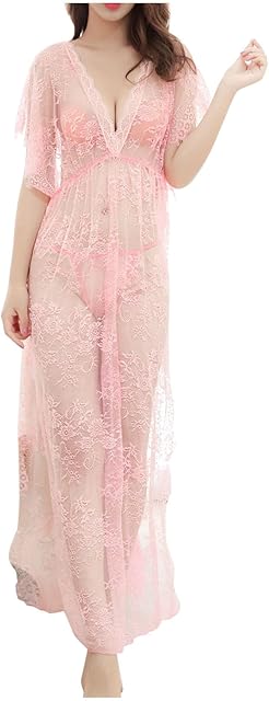Women's Lace Lingerie Sheer Nightgown Sexy V Neck Chemise Babydoll Nightdress Exotic Sleepwear with High Slit
