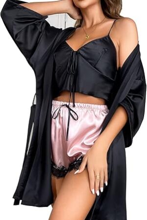 3PCS Pajama Set with Robe Cami Shorts Lace Trim Sleepwear for Women Breathable Pajama Top