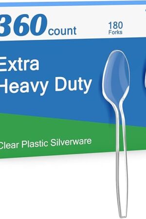 360 Count Extra Heavy Duty Clear Plastic Forks and Spoons, 180 Forks & 180 Spoons, Heat Resistant, Disposable Plastic Silverware Set