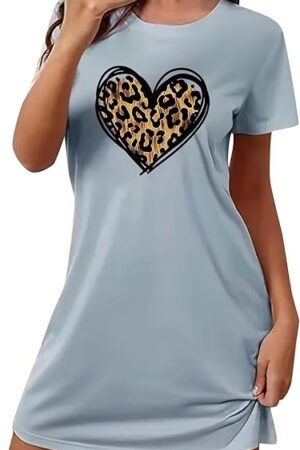 Leopard Heart Graphic Sleepshirt Women Soft Lounge T-Shirt Dress Short Sleeve Nightgowns Cozy Sleepwear Nightdress