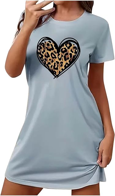 Leopard Heart Graphic Sleepshirt Women Soft Lounge T-Shirt Dress Short Sleeve Nightgowns Cozy Sleepwear Nightdress