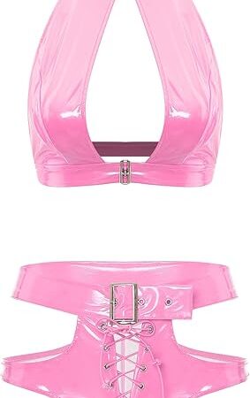 Womens Sexy Latex Lingerie Set Clubwear Cutout Front Camisole with Hollow Out Booty Shorts