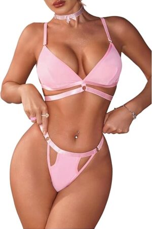 Women's 3 Piece Strappy Lingerie Set O Ring Linked Cut Out Bra and Panty Sets Sleepwear