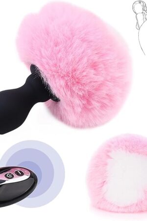 Bunny Tail Vibrating Butt Plug with Tail Anal Plug Vibrator Wireless Remote Control Design Role Play Cosplay Sex Games for Couples, Pink Fur Silicone Rabbit Buttplug Tail for Women, Men