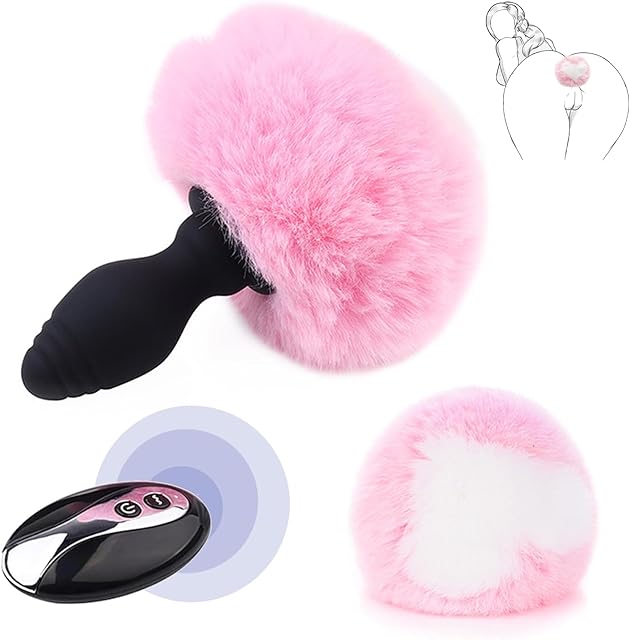 Bunny Tail Vibrating Butt Plug with Tail Anal Plug Vibrator Wireless Remote Control Design Role Play Cosplay Sex Games for Couples, Pink Fur Silicone Rabbit Buttplug Tail for Women, Men