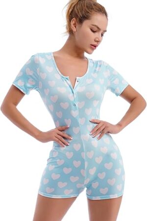 Women Short Sleeve Rompers Sexy One Piece Shorts Bodysuit Playsuit Printed Pajama Button Up Sleep Romper Pjs Lingerie