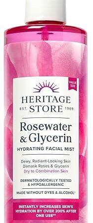 HERITAGE STORE Rosewater & Glycerin Hydrating Facial Mist - Dry Combination Skin Care - Rose Water Spray w/Vegetable Glycerine, Made Without Dyes or Alcohol, Hypoallergenic, Vegan, Cruelty Free, 12oz