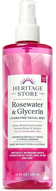 HERITAGE STORE Rosewater & Glycerin Hydrating Facial Mist - Dry Combination Skin Care - Rose Water Spray w/Vegetable Glycerine, Made Without Dyes or Alcohol, Hypoallergenic, Vegan, Cruelty Free, 12oz