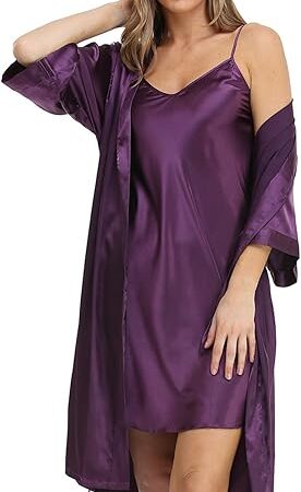 Women's Satin Nightgown with Robes Set 2 Piece Sleepwear Sexy Slip Gown Pajamas Set Silky Cami Nightwear