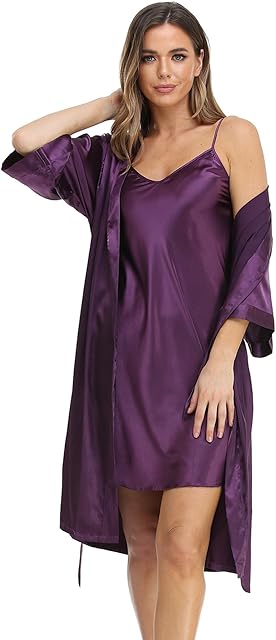 Women's Satin Nightgown with Robes Set 2 Piece Sleepwear Sexy Slip Gown Pajamas Set Silky Cami Nightwear