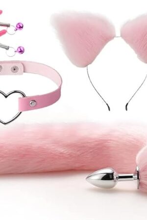 Cat Tail but Plug /Fox Tail Anal Plug Toy ,Sex Collar and Nipple Clamps Plus cat Ears Cosplay Party Exotic Sensational Toy Set Animal Furry Tail and Ears , Pink