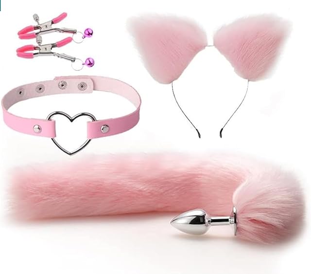 Cat Tail but Plug /Fox Tail Anal Plug Toy ,Sex Collar and Nipple Clamps Plus cat Ears Cosplay Party Exotic Sensational Toy Set Animal Furry Tail and Ears , Pink