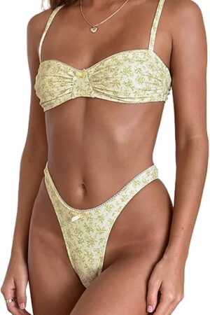 Women Halter String Bikini Set Floral Print Sexy Thong Cheeky Two Piece Swimsuits Lace Trim Bow Bathing Swimwear