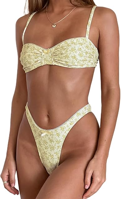 Women Halter String Bikini Set Floral Print Sexy Thong Cheeky Two Piece Swimsuits Lace Trim Bow Bathing Swimwear