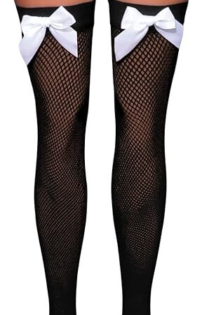 Women Sexy Satin Bow Fishnet Stockings, Silicone Stay Up Thigh High Tights, Christmas Over The Knee Socks Rave Outfit