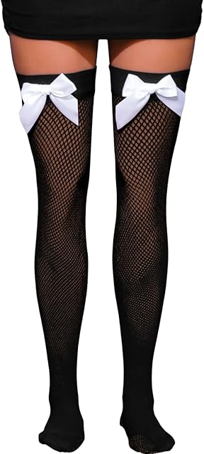 Women Sexy Satin Bow Fishnet Stockings, Silicone Stay Up Thigh High Tights, Christmas Over The Knee Socks Rave Outfit