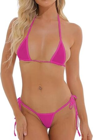 Women's Sexy Bikini Set, Elastic Mini Triangle Halter Top with Adjustable Tie Side G String Briefs as Swimsuit, Lingerie